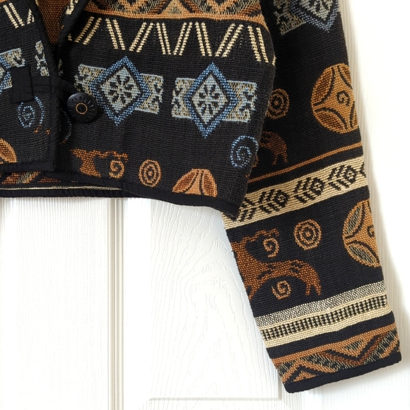 Flashback 90's Vintage Aztec Antelope Woven Tapestry Cropped Jacket Black M - Picture 9 of 12